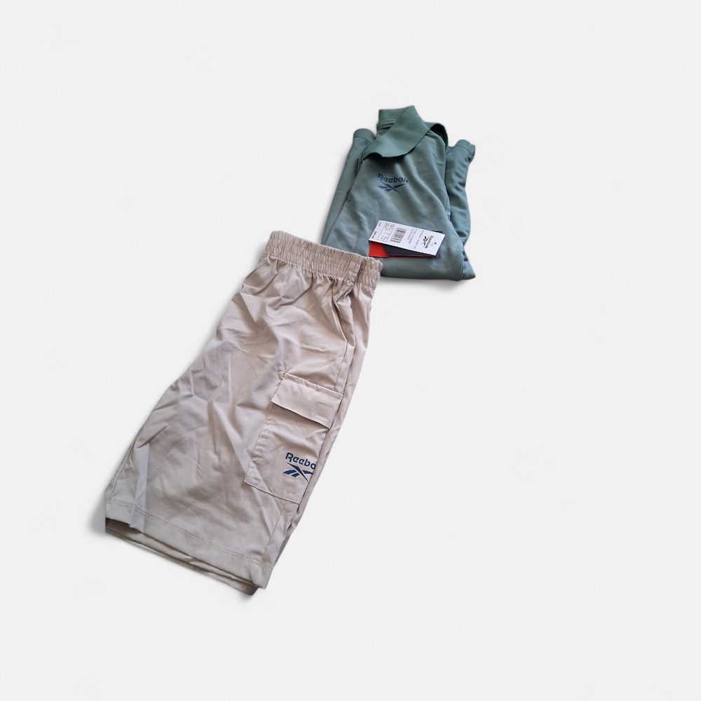 Reebok Men's Light Beige Cargo Shorts with Navy Logo